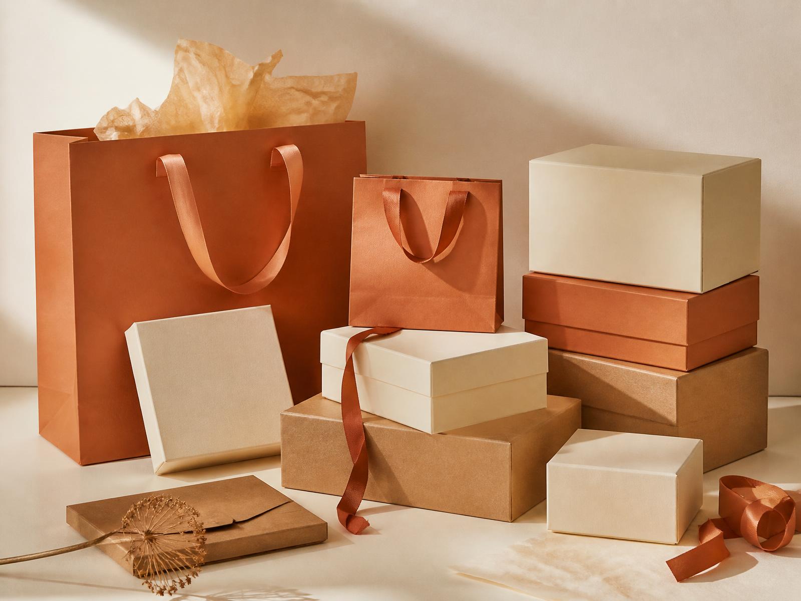 Premium kraft and cream packaging boxes, bags and ribbon arranged on a warm backdrop